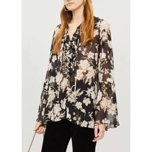 The Kooples Paris Viscose Floral Sheer Blouse Top Ruffle Bell Sleeve 1 Small